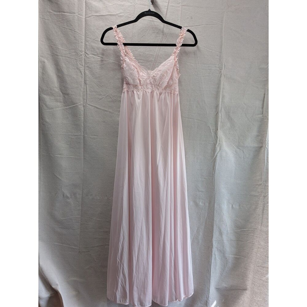 Vintage Coquette Romantic 34 Olga Pink Lace Nylon Maxi Nightgown USA